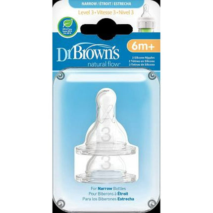 Dr. Brown’s Natural Flow Level 3 Narrow Baby Bottle Silicone Nipple, Medium-Fast Flow, 100% Silicone Bottle Nipple , 2-Pack, 6m+